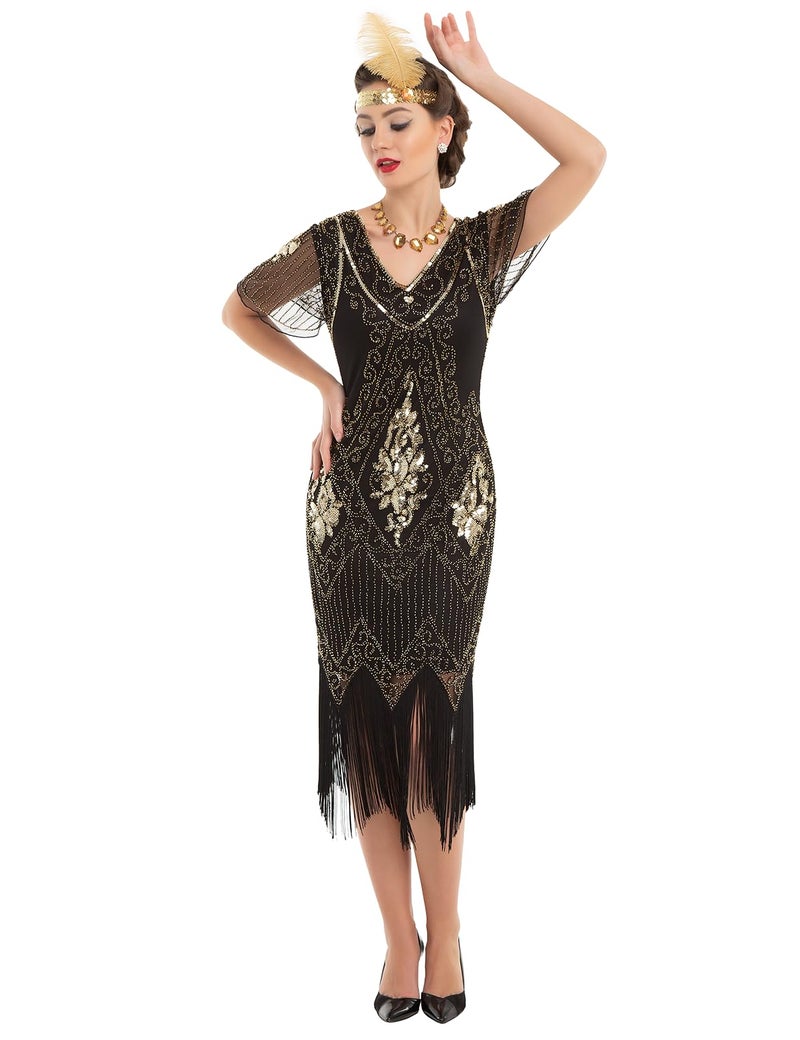 PrettyGuide Women's Flapper Dress Sequin Fringed Cocktail Gatsby Dress with Sleeve M Gold - Image 5